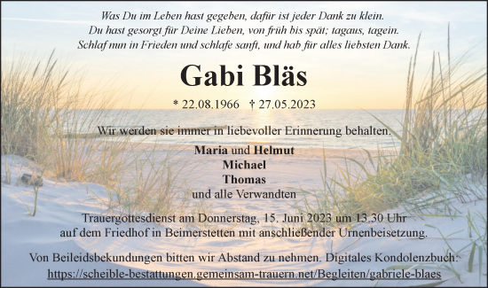 Traueranzeige von Gabi Bläs von SÜDWEST PRESSE Ausgabe Ulm/Neu-Ulm