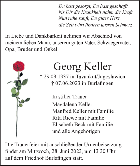 Traueranzeige von Georg Keller von SÜDWEST PRESSE Ausgabe Ulm/Neu-Ulm