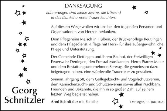 Traueranzeige von Georg Schnitzler von SÜDWEST PRESSE/SÜDWEST PRESSE