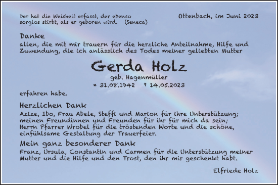 Traueranzeige von Gerda Holz von NWZ Neue Württembergische Zeitung