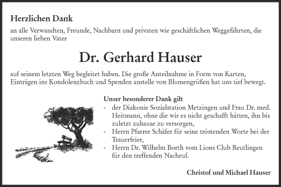 Traueranzeige von Gerhard Hauser von SÜDWEST PRESSE/SÜDWEST PRESSE