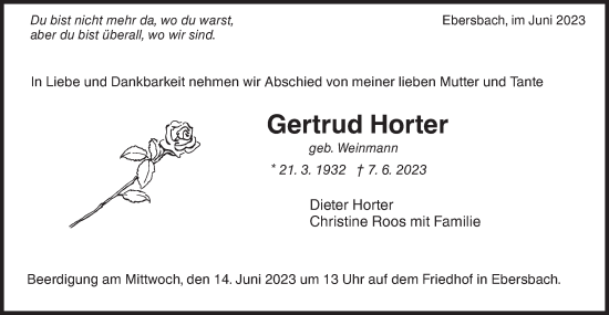 Traueranzeige von Gertrud Horter von NWZ Neue Württembergische Zeitung