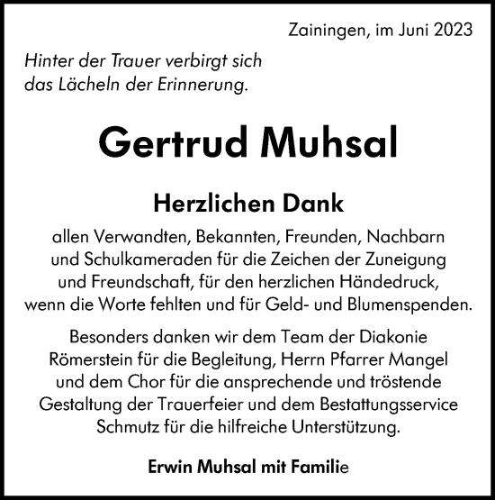 Traueranzeige von Gertrud Muhsal von Alb-Bote/Metzinger-Uracher Volksblatt