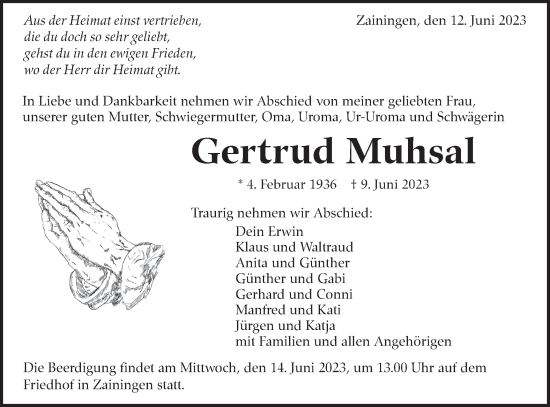 Traueranzeige von Gertrud Muhsal von Alb-Bote/Metzinger-Uracher Volksblatt