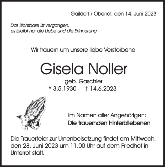 Traueranzeige von Gisela Noller von Rundschau Gaildorf