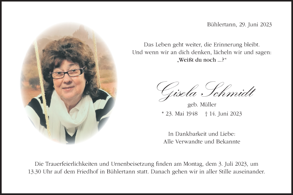  Traueranzeige für Gisela Schmidt vom 29.06.2023 aus Haller Tagblatt