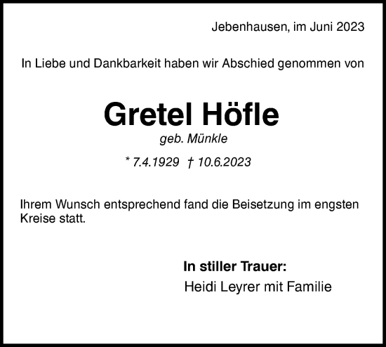 Traueranzeige von Gretel Höfle von NWZ Neue Württembergische Zeitung