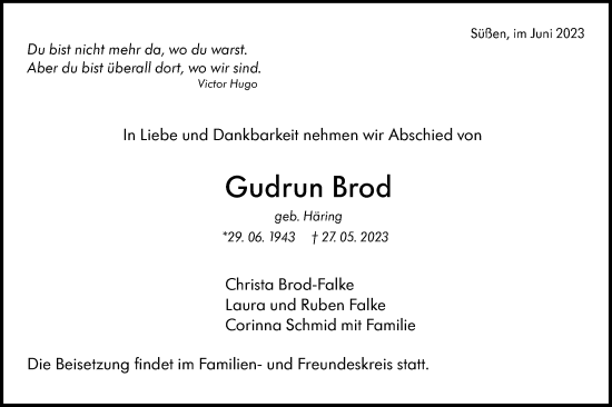 Traueranzeige von Gudrun Brod von NWZ Neue Württembergische Zeitung