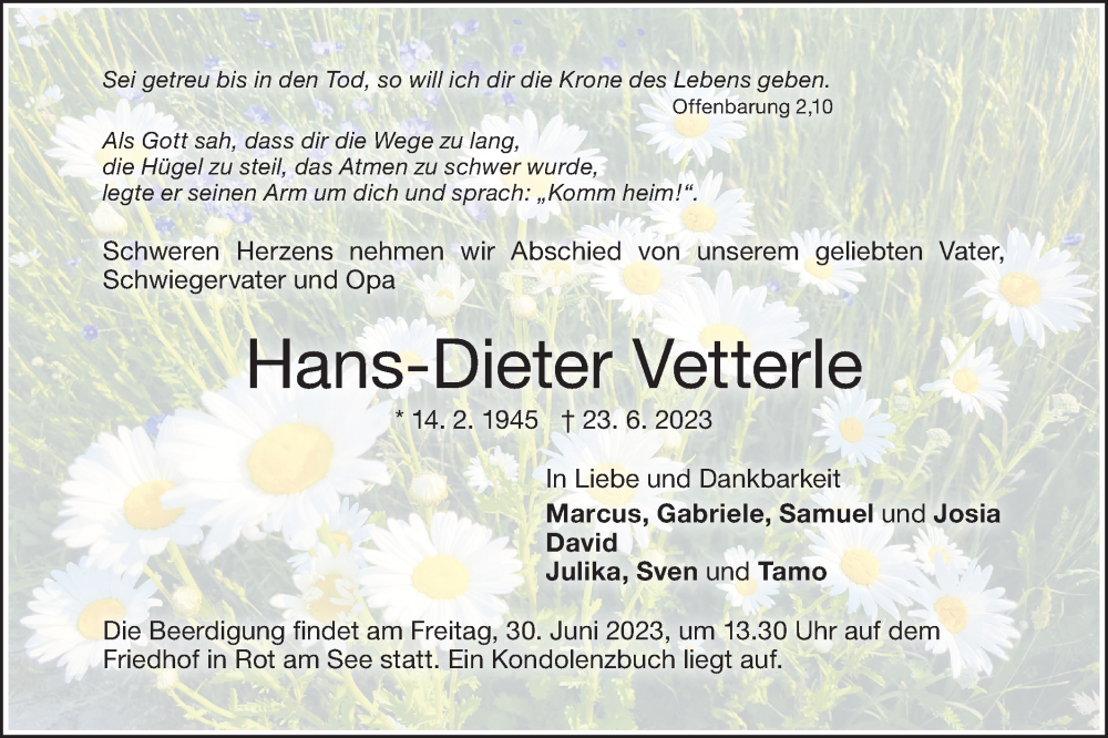  Traueranzeige für Hans-Dieter Vetterle vom 28.06.2023 aus Hohenloher Tagblatt