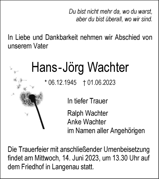 Traueranzeige von Hans-Jörg Wachter von SÜDWEST PRESSE Ausgabe Ulm/Neu-Ulm