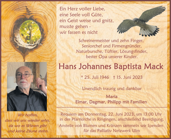 Traueranzeige von Hans Johannes Baptista Mack von SÜDWEST PRESSE Ausgabe Ulm/Neu-Ulm