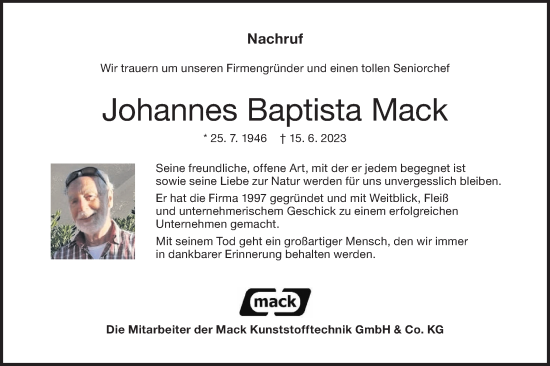 Traueranzeige von Hans Johannes Baptista Mack von SÜDWEST PRESSE Ausgabe Ulm/Neu-Ulm