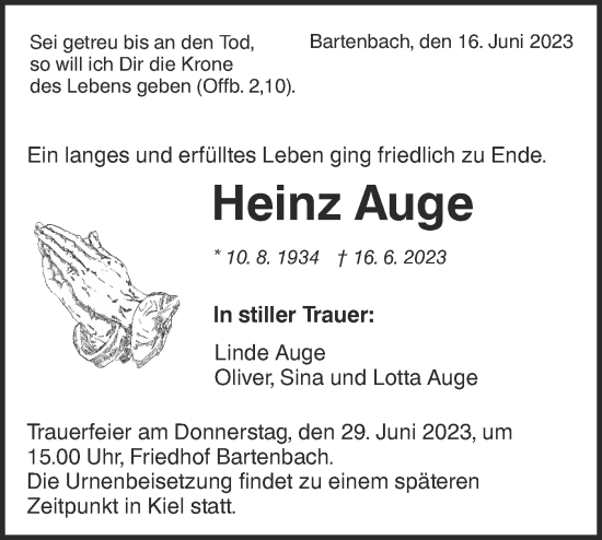 Traueranzeige von Heinz Auge von NWZ Neue Württembergische Zeitung