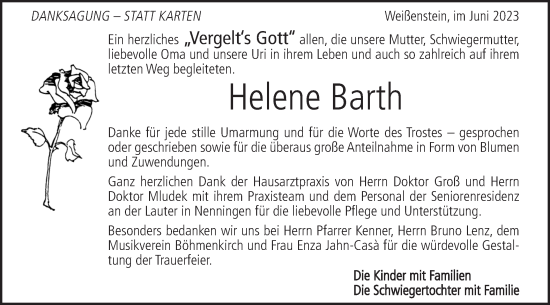 Traueranzeige von Helene Barth von NWZ Neue Württembergische Zeitung/Geislinger Zeitung