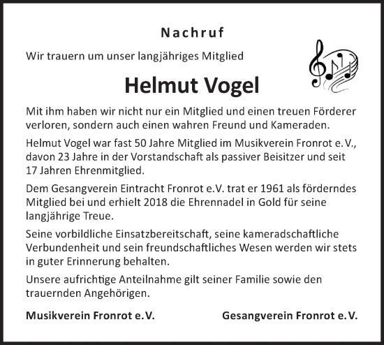 Traueranzeige von Helmut Vogel von Haller Tagblatt