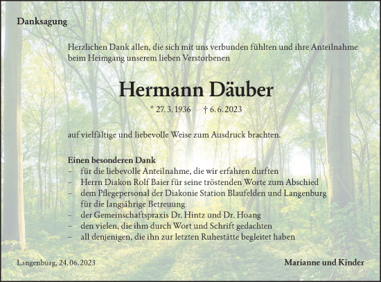 Traueranzeige von Hermann Däuber von Hohenloher Tagblatt