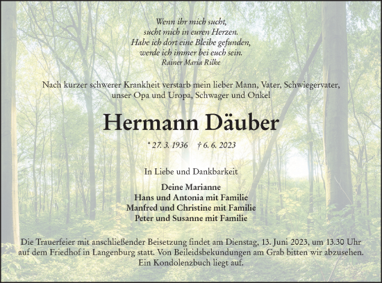 Traueranzeige von Hermann Däuber von Hohenloher Tagblatt