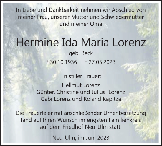 Traueranzeige von Hermine Ida Maria Lorenz von SÜDWEST PRESSE Ausgabe Ulm/Neu-Ulm