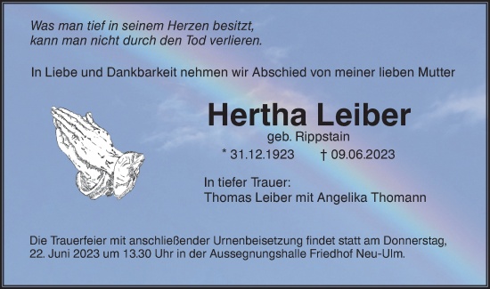 Traueranzeige von Hertha Leiber von SÜDWEST PRESSE Ausgabe Ulm/Neu-Ulm