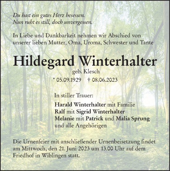 Traueranzeige von Hildegard Winterhalter von SÜDWEST PRESSE Ausgabe Ulm/Neu-Ulm