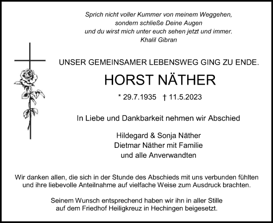 Traueranzeige von Horst Näther von Hohenzollerische Zeitung