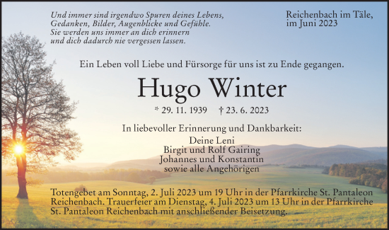 Traueranzeige von Hugo Winter von Geislinger Zeitung