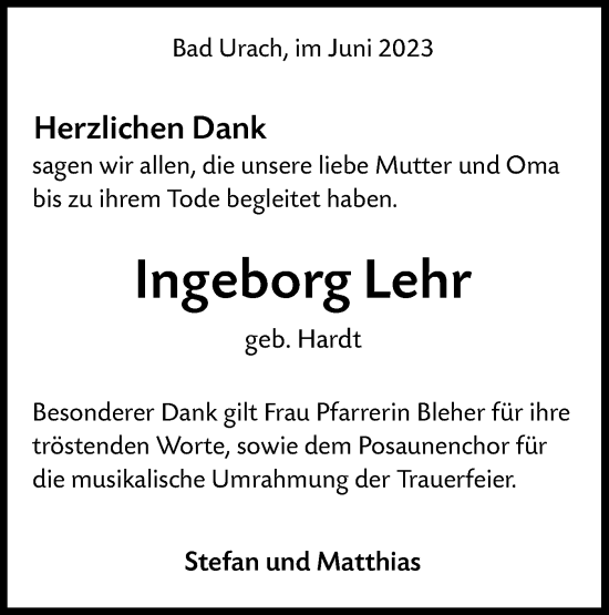 Traueranzeige von Ingeborg Lehr von SÜDWEST PRESSE/SÜDWEST PRESSE