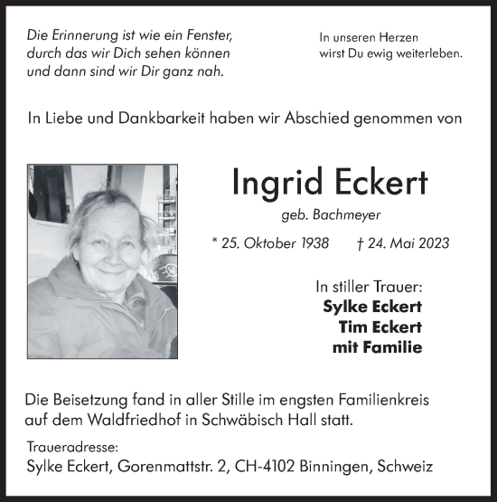 Traueranzeige von Ingrid Eckert von Haller Tagblatt