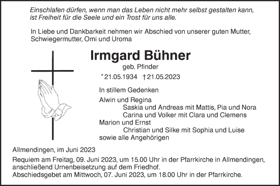 Traueranzeige von Irmgard Bühner von Ehinger Tagblatt