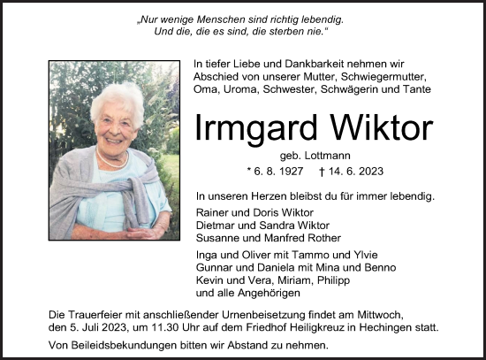 Traueranzeige von Irmgard Wiktor von Hohenzollerische Zeitung