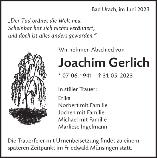 Traueranzeige von Joachim Gerlich von Alb-Bote/Metzinger-Uracher Volksblatt