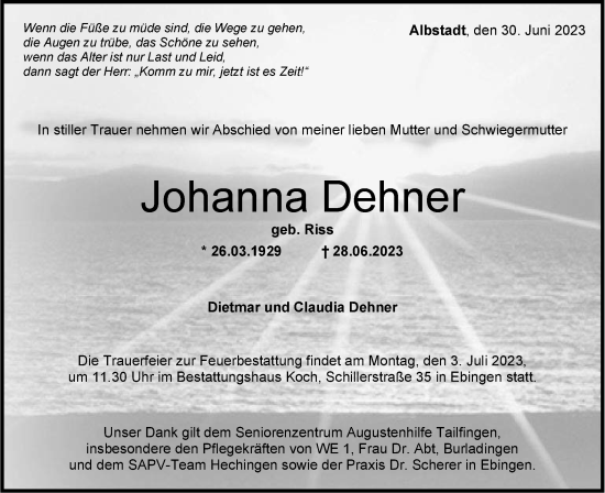 Traueranzeige von Johanna Dehner von Hohenzollerische Zeitung