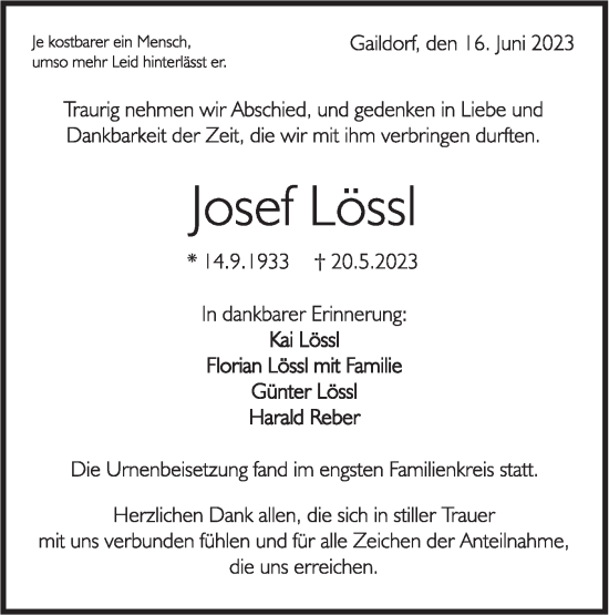 Traueranzeige von Josef Lössl von Rundschau Gaildorf