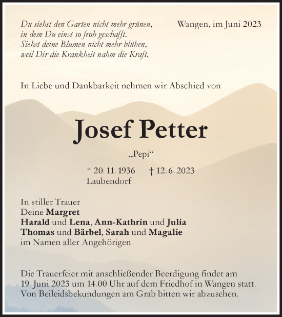 Traueranzeige von Josef Petter von NWZ Neue Württembergische Zeitung