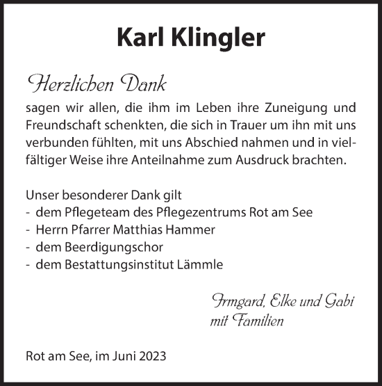 Traueranzeige von Karl Klingler von Hohenloher Tagblatt