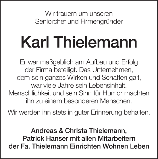 Traueranzeige von Karl Thielemann von Ehinger Tagblatt