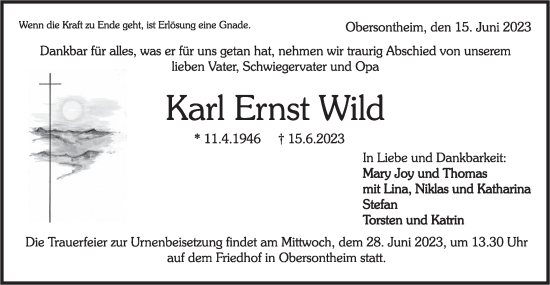 Traueranzeige von Karl Ernst Wild von Haller Tagblatt