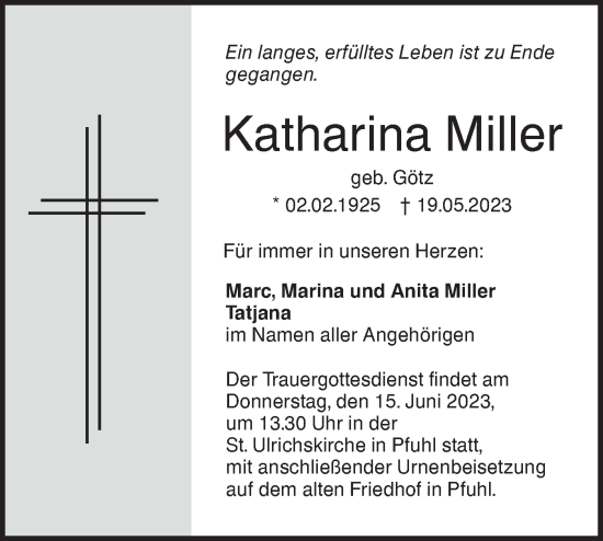 Traueranzeige von Katharina Miller von SÜDWEST PRESSE Ausgabe Ulm/Neu-Ulm