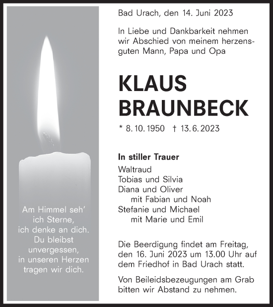 Traueranzeige von Klaus Braunbeck von SÜDWEST PRESSE/SÜDWEST PRESSE