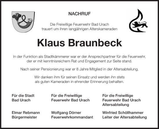 Traueranzeige von Klaus Braunbeck von SÜDWEST PRESSE/SÜDWEST PRESSE