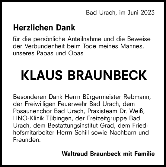 Traueranzeige von Klaus Braunbeck von SÜDWEST PRESSE/SÜDWEST PRESSE