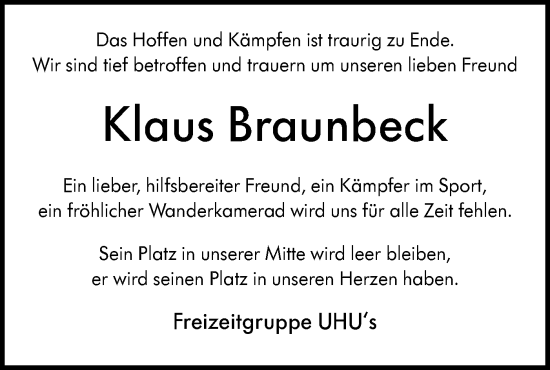 Traueranzeige von Klaus Braunbeck von SÜDWEST PRESSE/SÜDWEST PRESSE