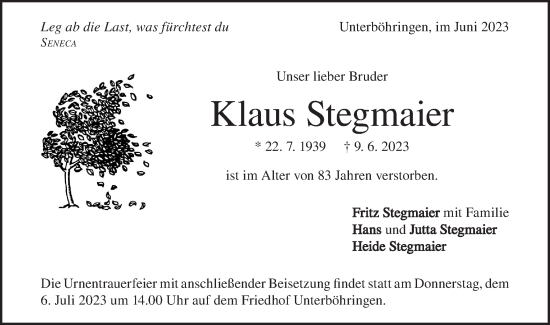 Traueranzeige von Klaus Stegmaier von Geislinger Zeitung