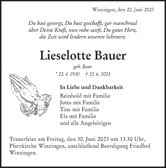 Traueranzeige von Lieselotte Bauer von NWZ Neue Württembergische Zeitung