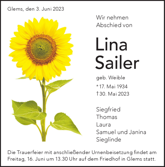 Traueranzeige von Lina Sailer von SÜDWEST PRESSE/SÜDWEST PRESSE