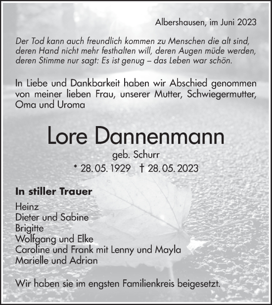 Traueranzeige von Lore Dannenmann von NWZ Neue Württembergische Zeitung