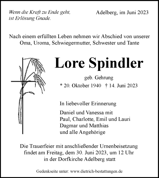 Traueranzeige von Lore Spindler von NWZ Neue Württembergische Zeitung