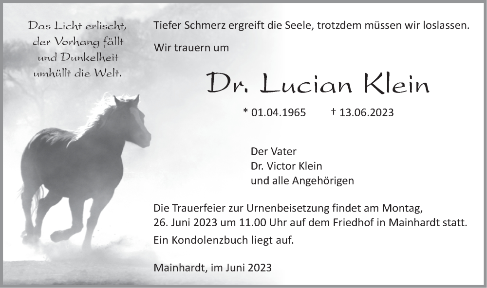  Traueranzeige für Lucian Klein vom 22.06.2023 aus Haller Tagblatt