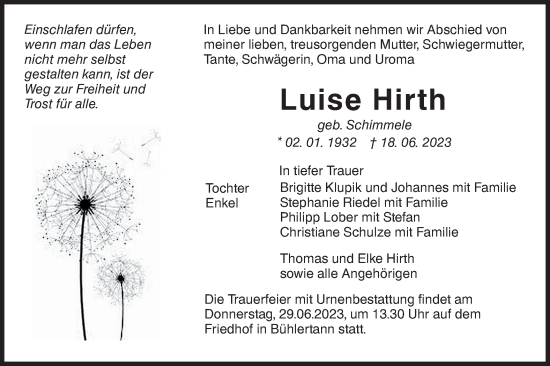 Traueranzeige von Luise Hirth von Haller Tagblatt