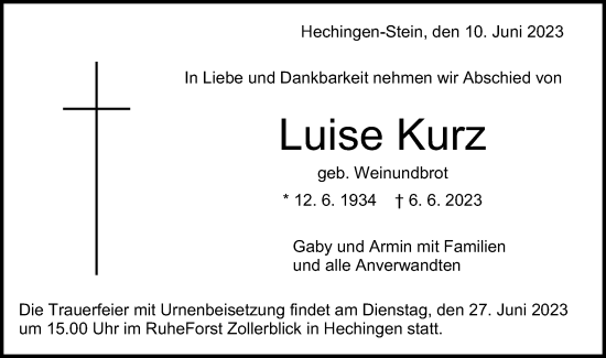 Traueranzeige von Luise Kurz von Hohenzollerische Zeitung